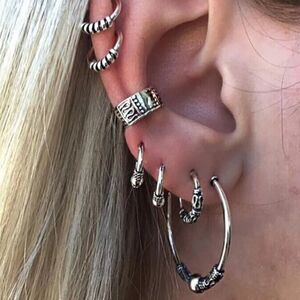 Silver Bali Multi Hoops Ear Cuffs Eartings Set of 7 Jewelry NEW